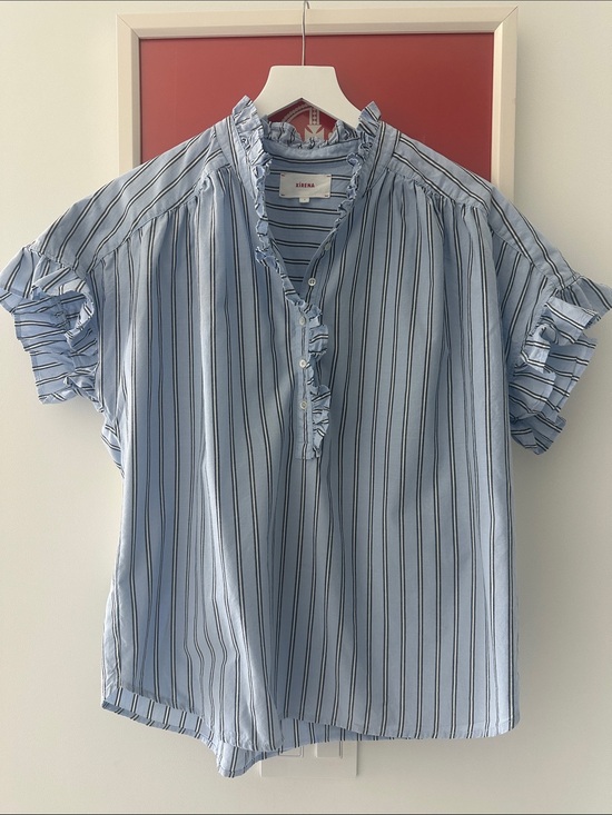 XiRENA Tops - XiRENA Brie Light Blue & Navy Striped Ruffle-Trim popover blouse - size L